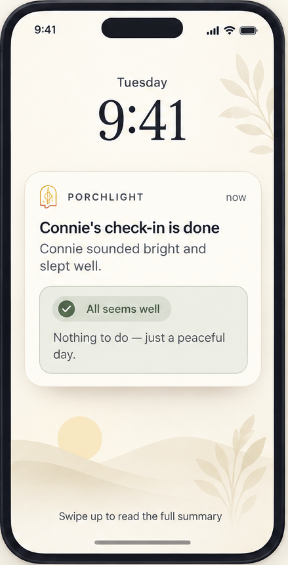 Connie's completed Porchlight check-in notification showing that all seems well