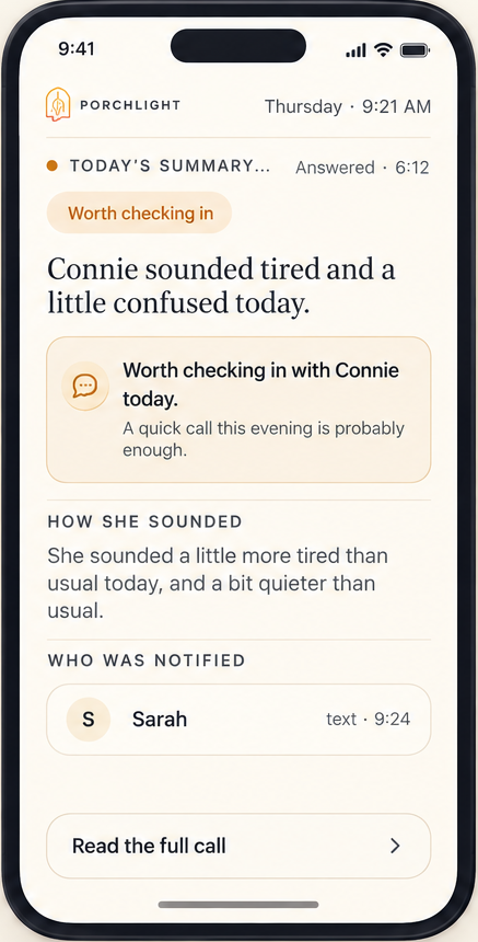 Porchlight daily summary recommending a check-in after Connie sounded tired and confused
