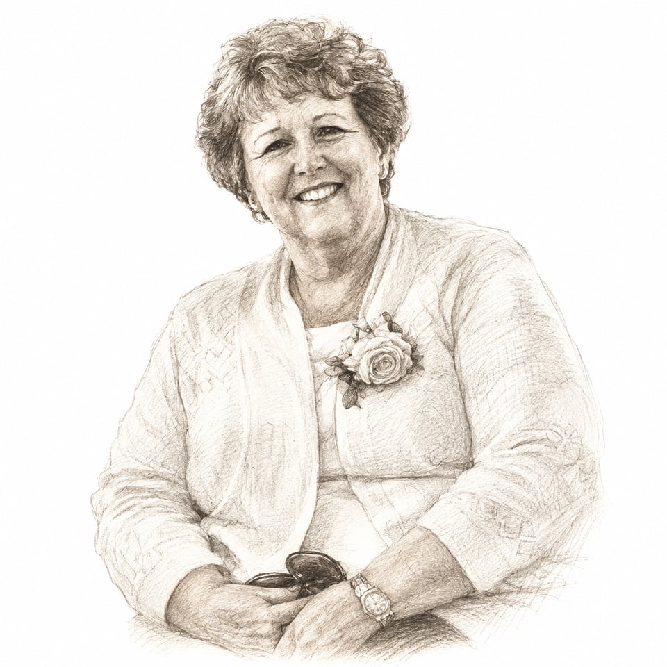 A pencil sketch of a smiling older woman in a cardigan with a rose pinned to it, hands folded in her lap