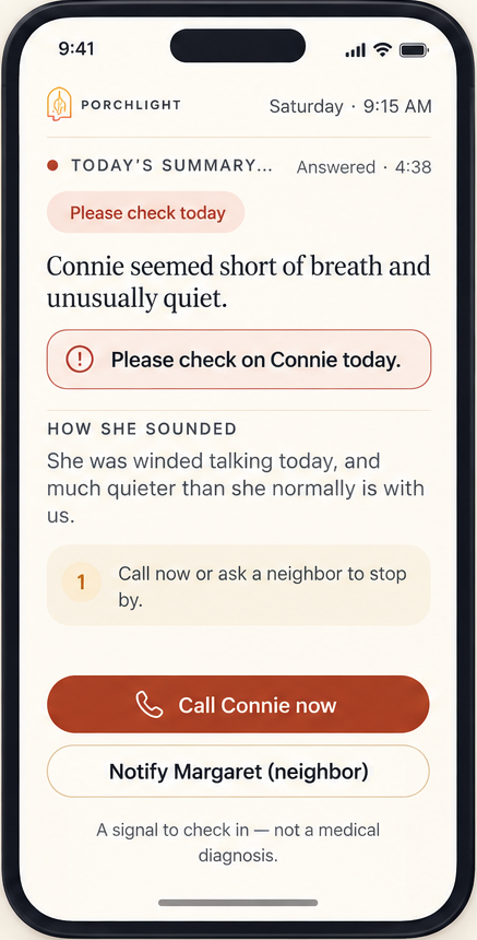 Porchlight alert recommending a call after Connie seemed short of breath and unusually quiet