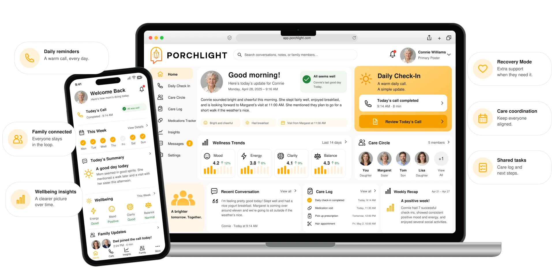 Porchlight shown on a phone and family dashboard, connected to daily reminders, family updates, wellbeing insights, recovery support, care coordination, and shared tasks