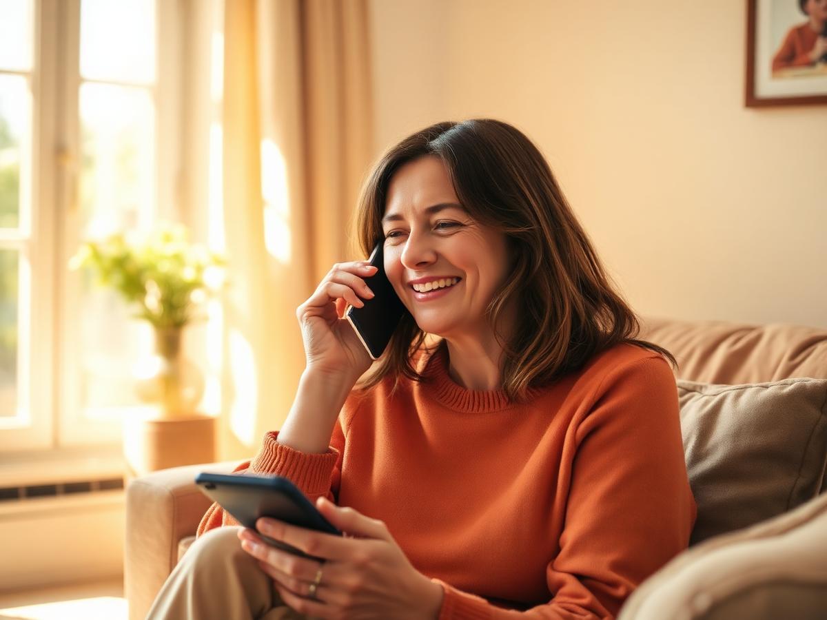 An adult daughter reading her daily summary while on the phone at home