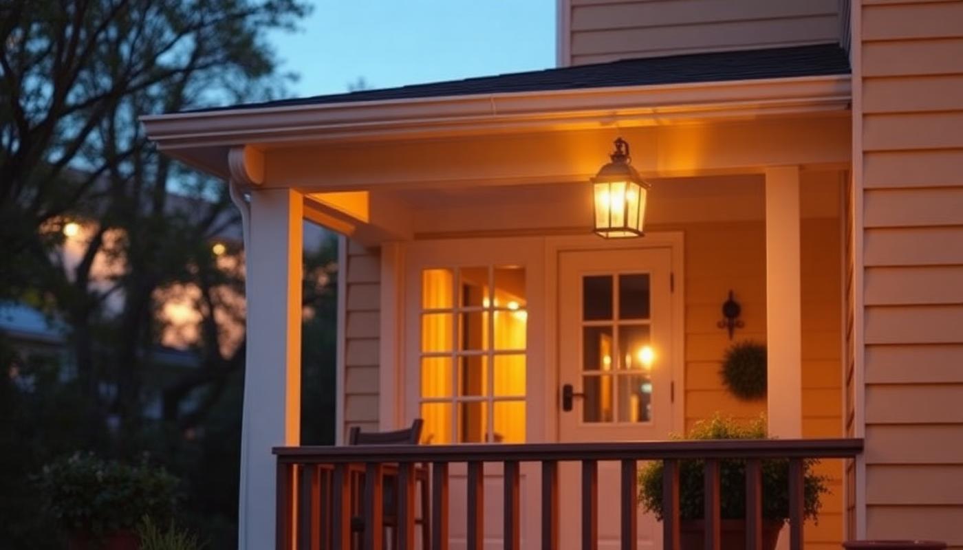 A porch light glowing above a front door at dusk